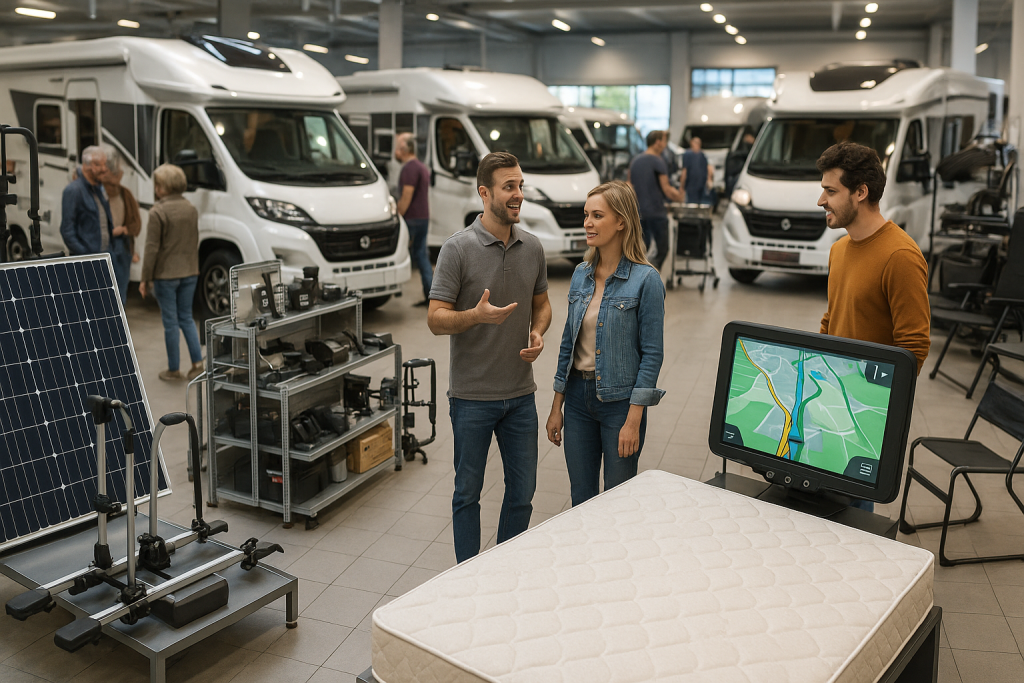 couple looking at a mattress in an RV dealership